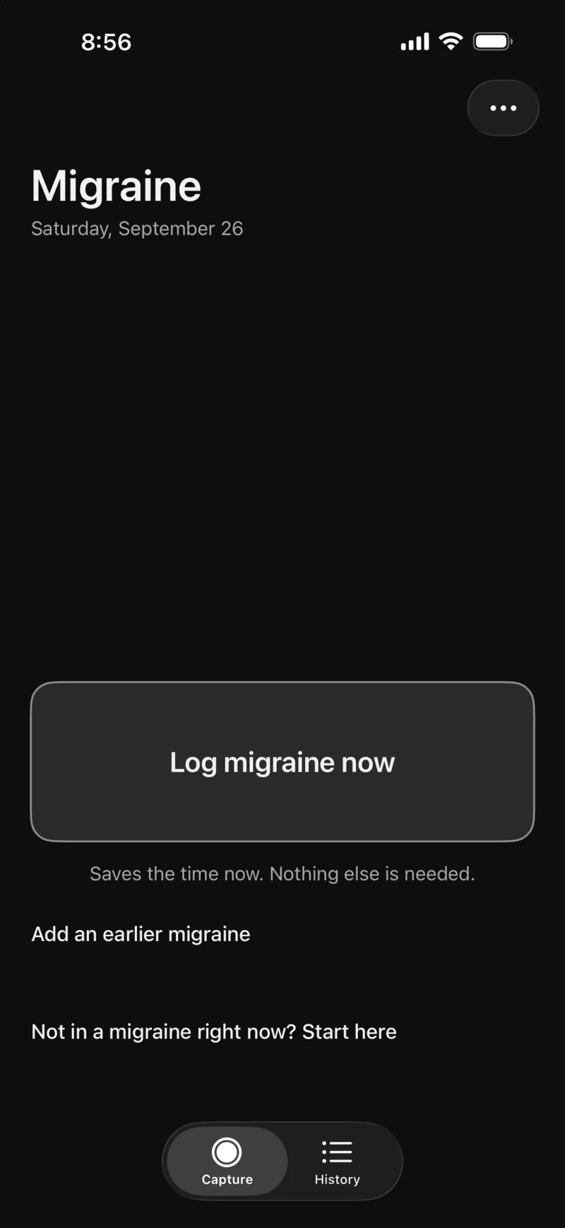 Migraine Tracker Capture screen with one large Log migraine now button and the line: Saves the time now. Nothing else is needed.