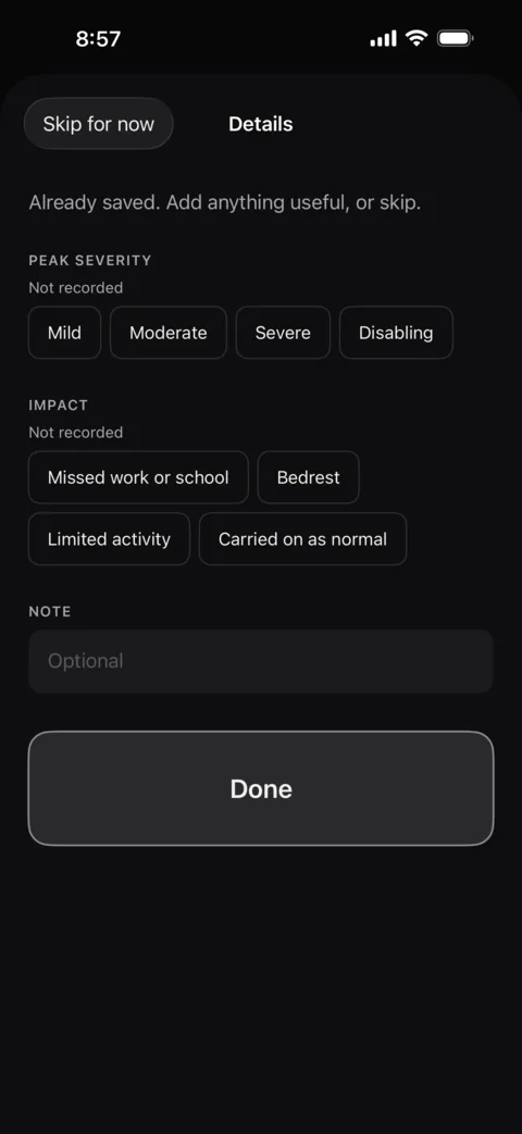 Migraine Tracker Details screen with Skip for now and optional peak severity, impact and note fields