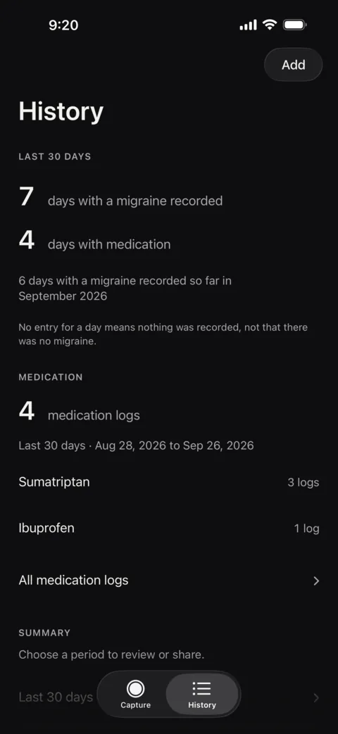 Migraine Tracker History screen showing 7 days with a migraine recorded and 4 days with medication in the last 30 days, plus medication counts by name