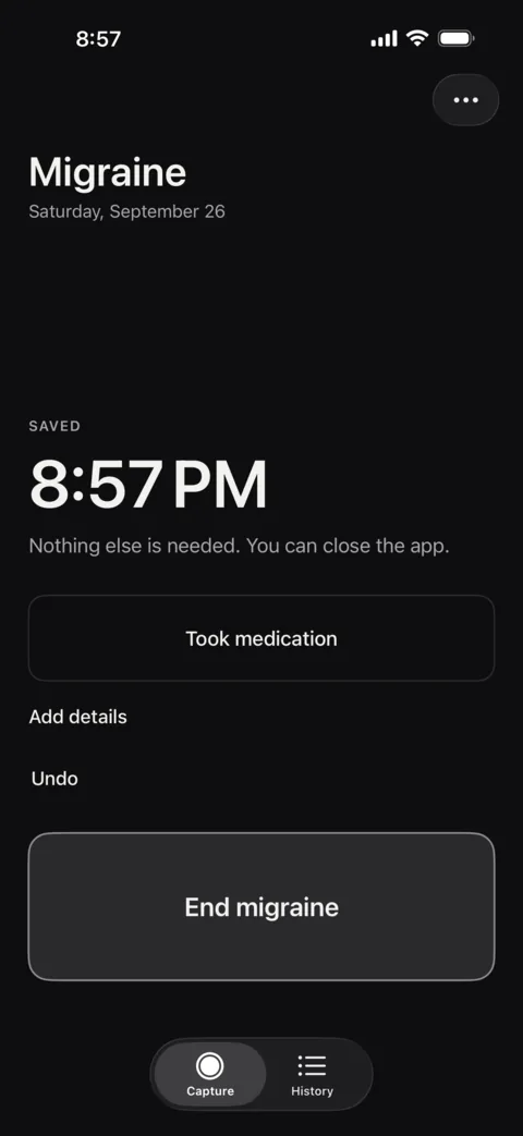 Migraine Tracker saved state showing the time the migraine was recorded