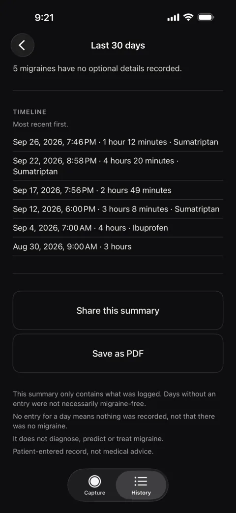 Migraine Tracker Last 30 days summary with a timeline of recorded migraines and buttons to share the summary or save it as a PDF